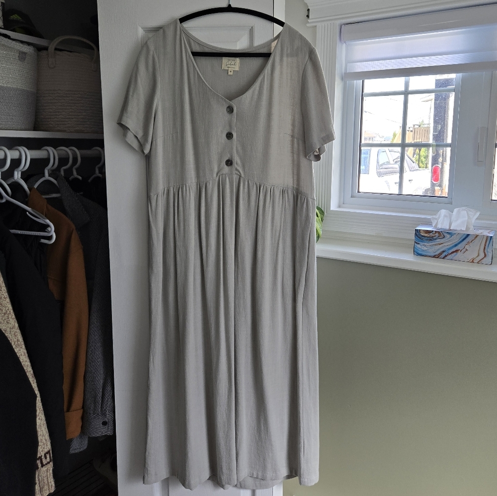 🇨🇦 Sattva By Sarah Boutique Picnic Midi Dress Grey Button Front Tencel Linen
